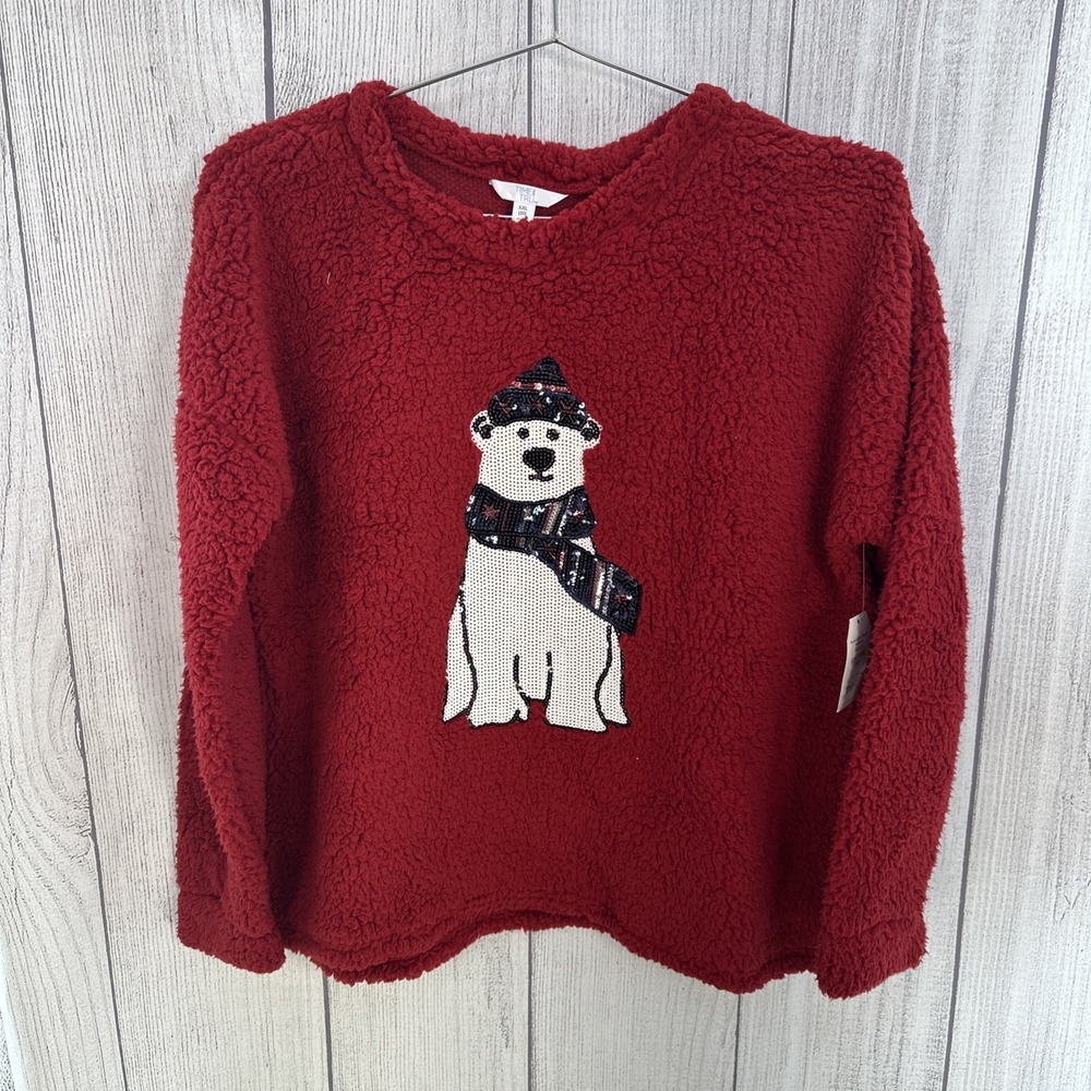 Christmas Polar Bear Top Womens 2XL Red Sherpa Plush Sequin Holiday Time Tru